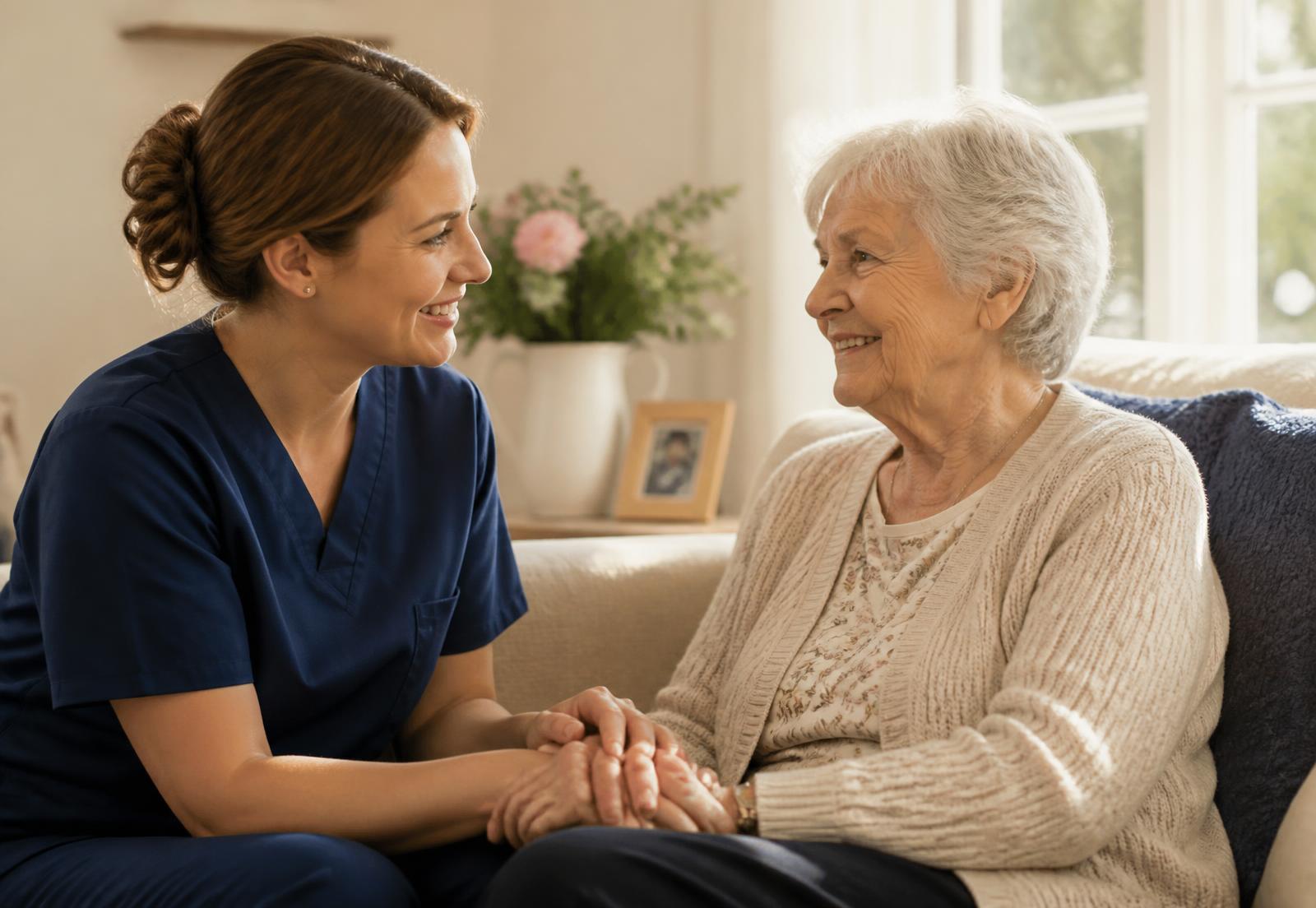 A caregiver from Desire Enterprises holding hands with a smiling senior woman at home